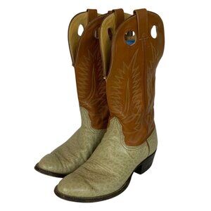 Nocona 9.5D Buckaroo Western Cowboy Boots Tan Cream Bullhide Leather Vintage 70s